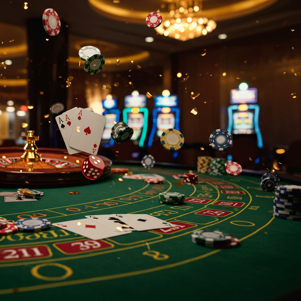 An illustration showing casino chips and cards representing casino bonuses