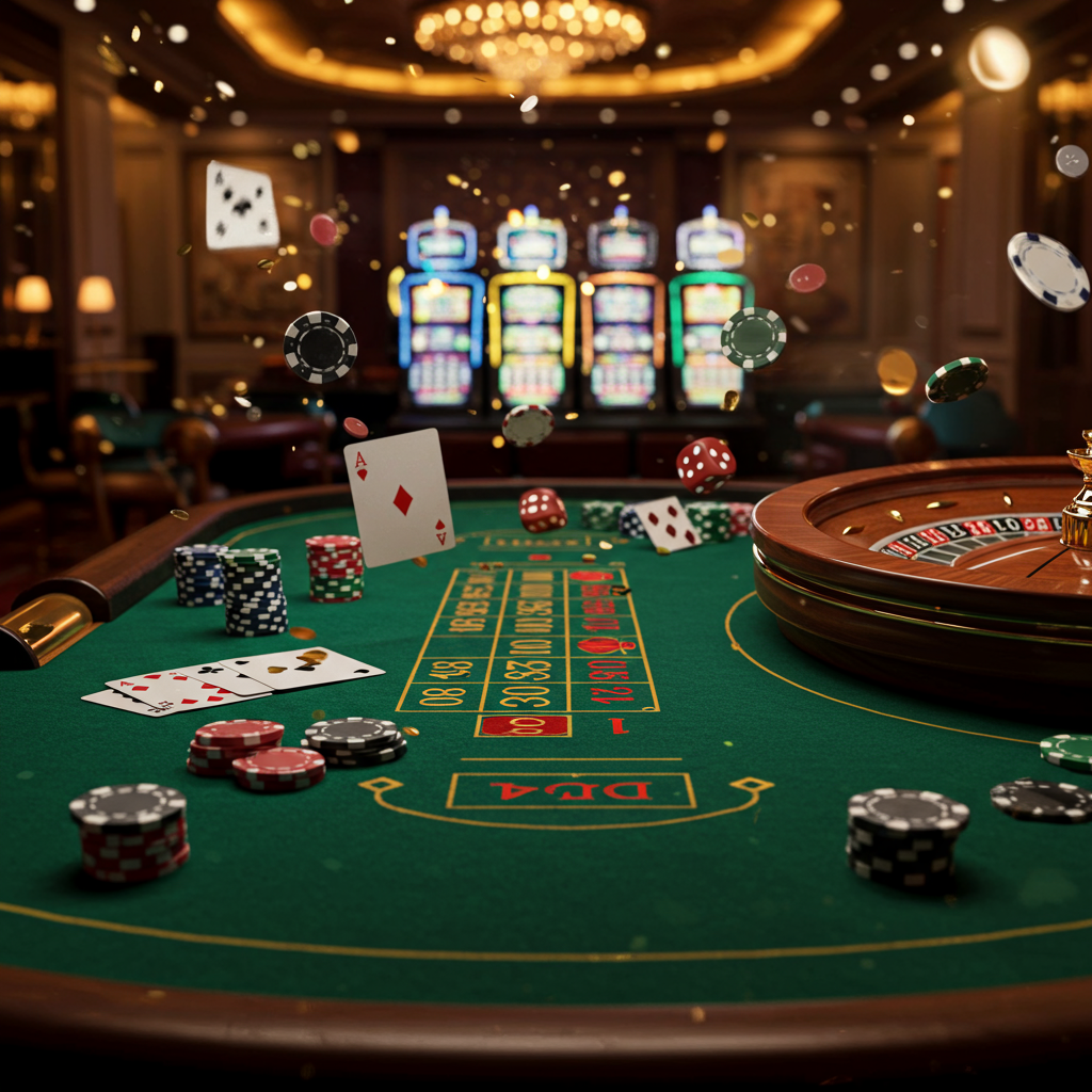 Poker cards and chips on a green felt table