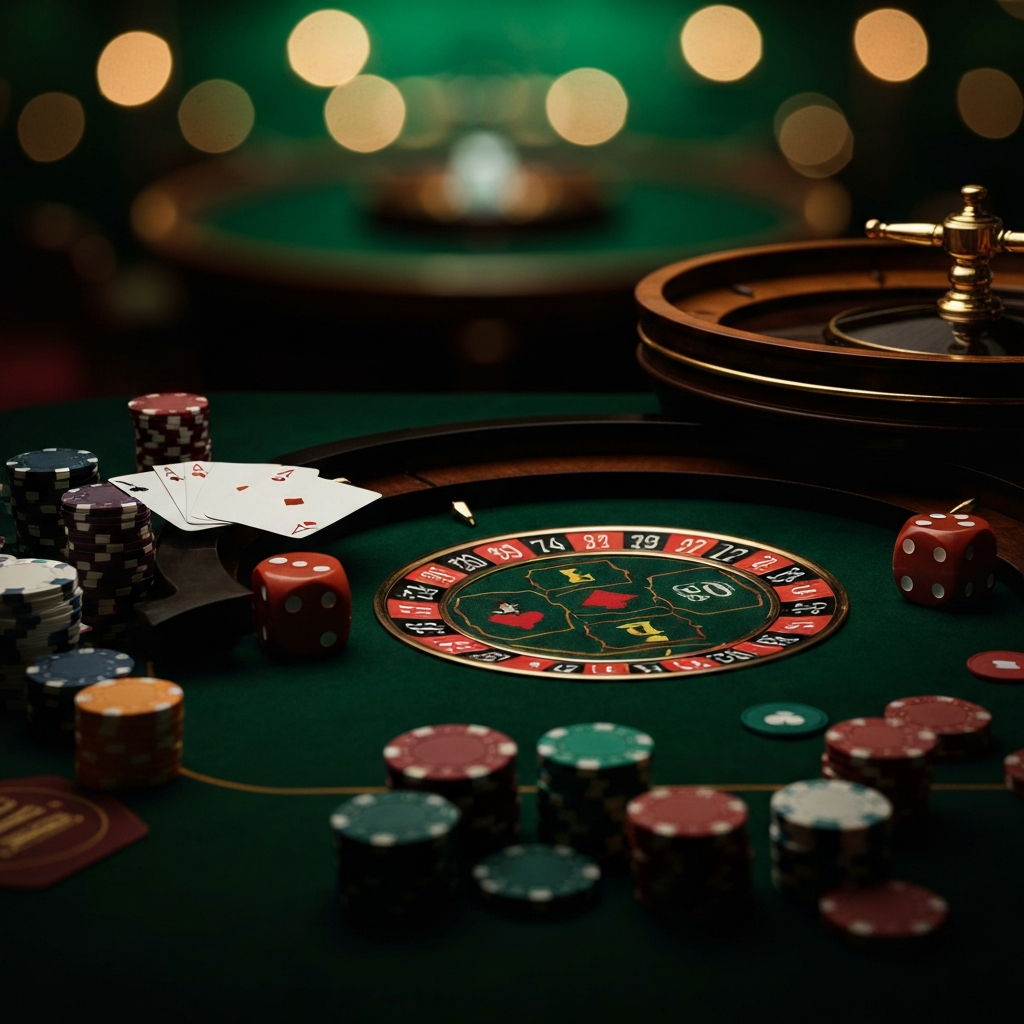 A glamorous casino table with chips and cards