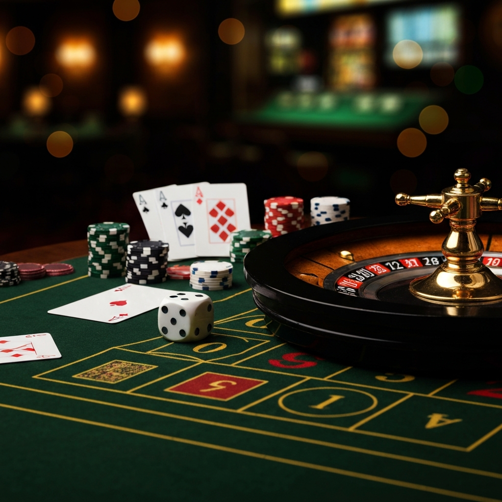 A variety of currency symbols and casino chips