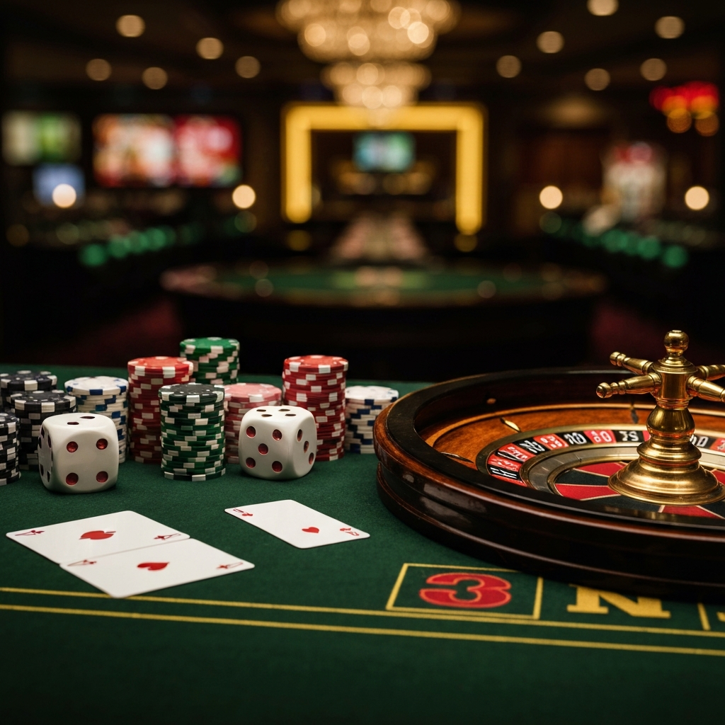 A vibrant display of slot machine reels and casino chips.