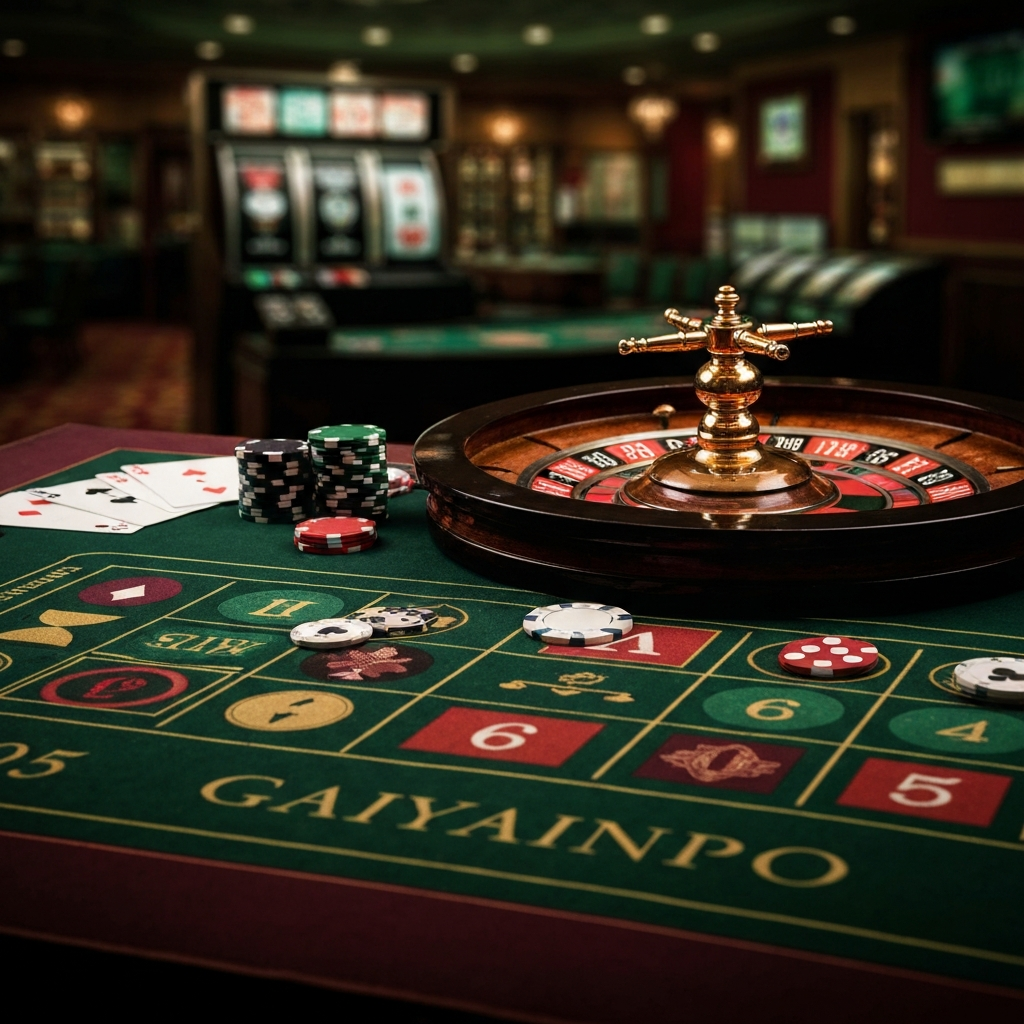 An exciting casino game table with chips and cards