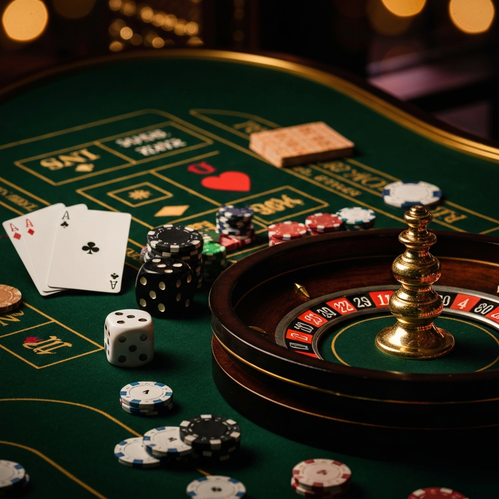 Roulette casino game wheel and table