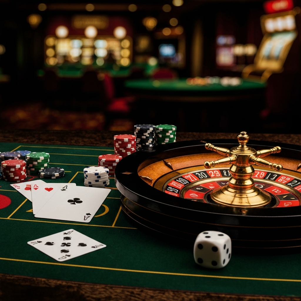 A sophisticated roulette wheel with chips on the betting table