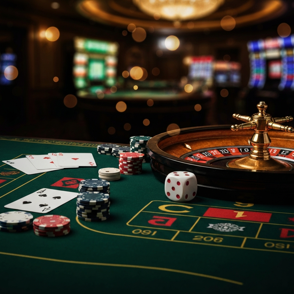 An assortment of casino chips and dice on a gaming table