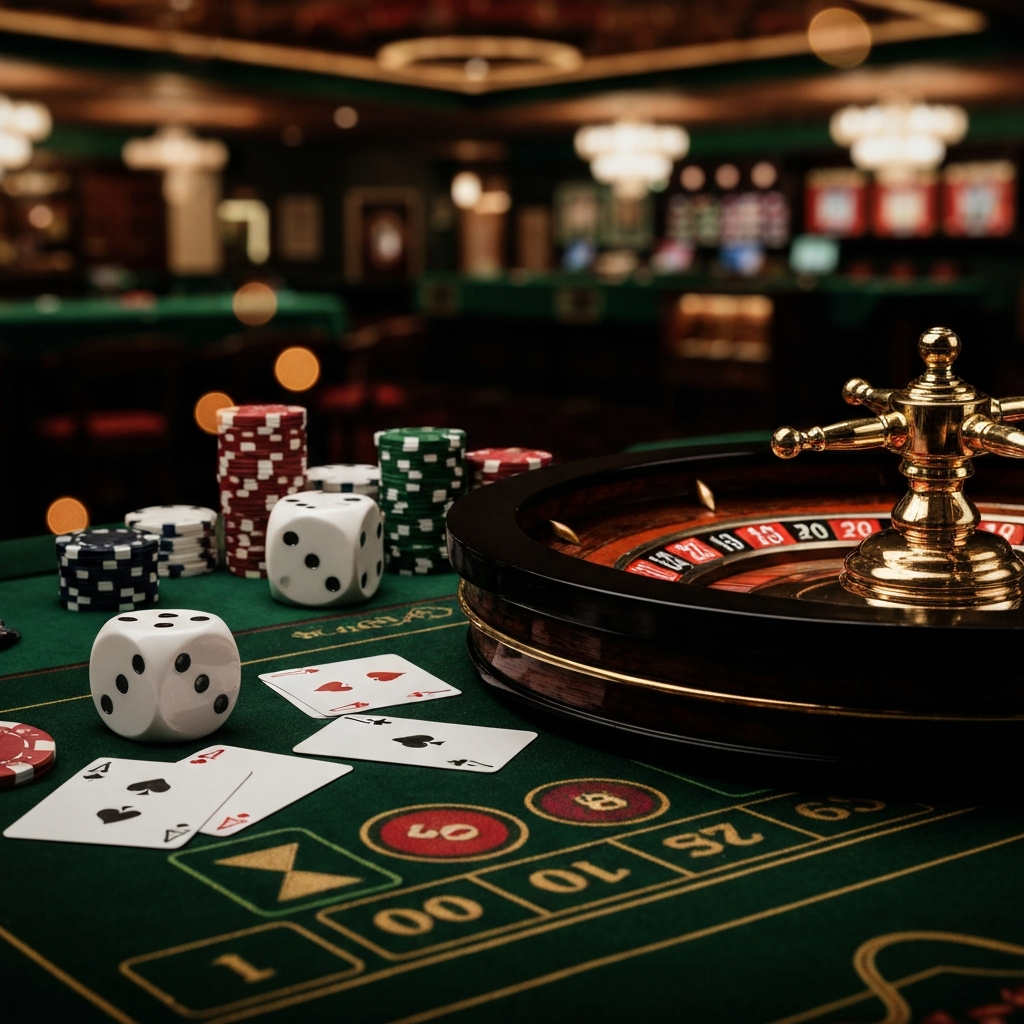 An assortment of casino chips and cards representing online casino bonuses