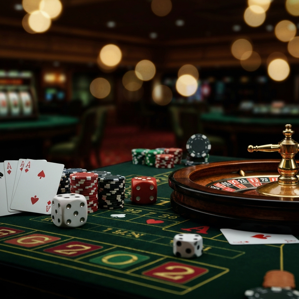 Poker chips and cards on a casino table